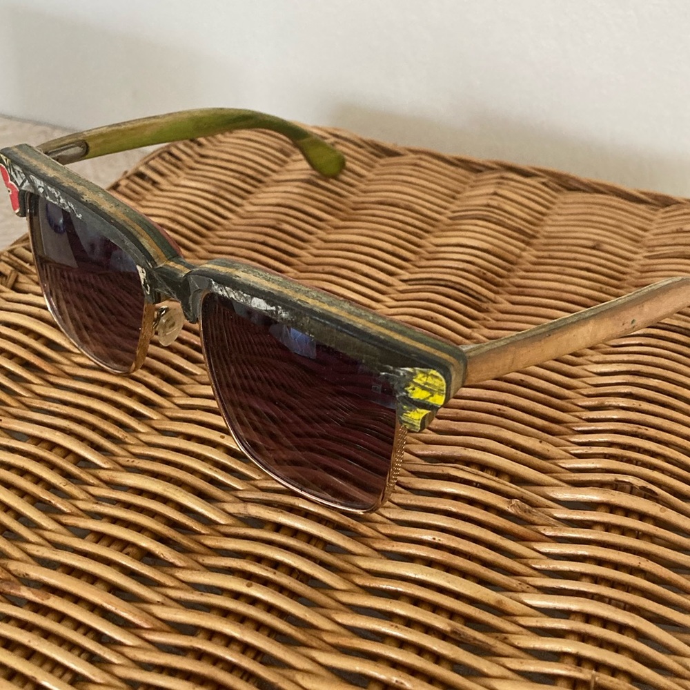 Handmade one of a kind recycled skateboard sunglasses made in the USA